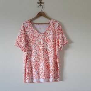 Belle by Kim Gravel Orange White Abstract Animal Print TripleLuxe Tee Size Large